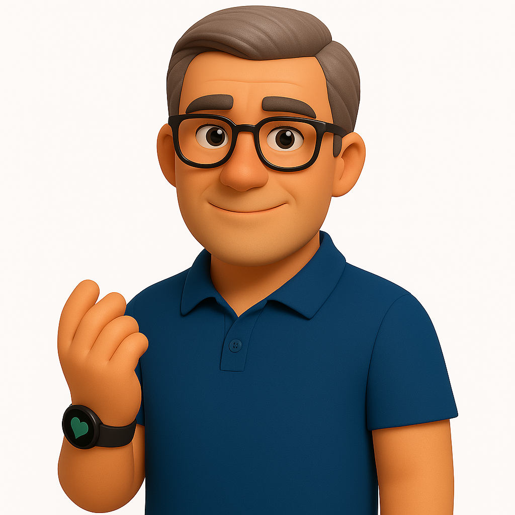 3D avatar muže generace X se smart hodinkami, tmavě modrým trikem a brýlemi. Digitální zdraví a technologie pro péči o zdraví generace X.